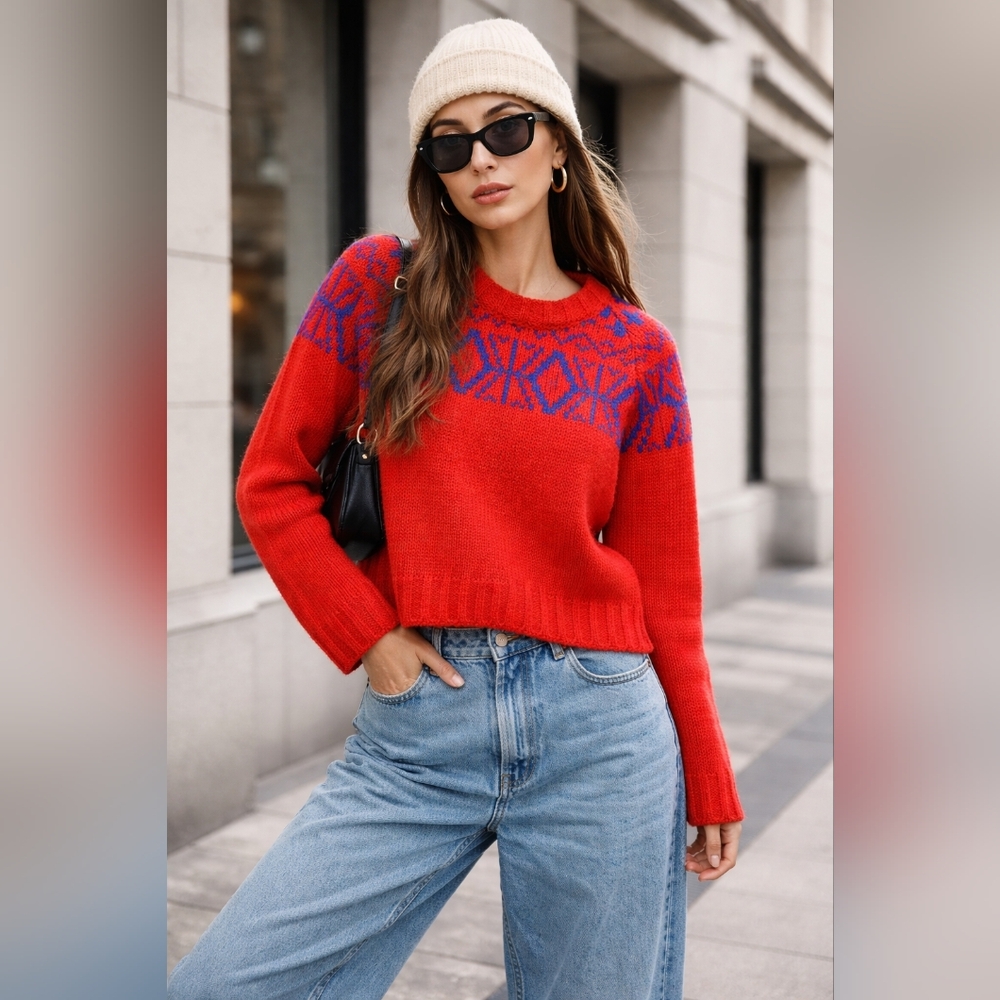 ​Vtg 90s Cocogio Italy Red Alpaca Fair Isle Knit Sweater M Boho Ski Retro Y2K​R